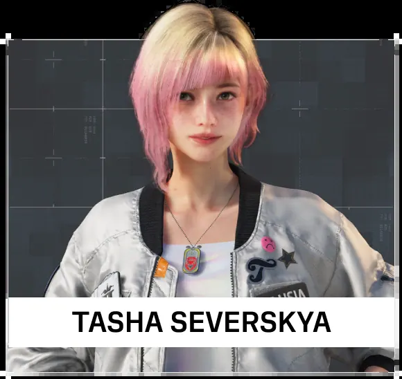 Character card of Tasha Severskaya with pink blonde hair and white jacket