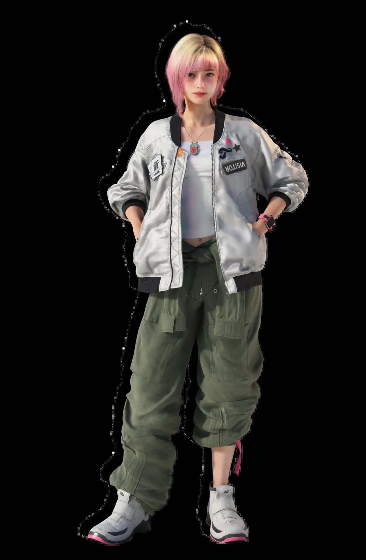 Full body artwork of Tasha Severskaya in white shirt and overalls