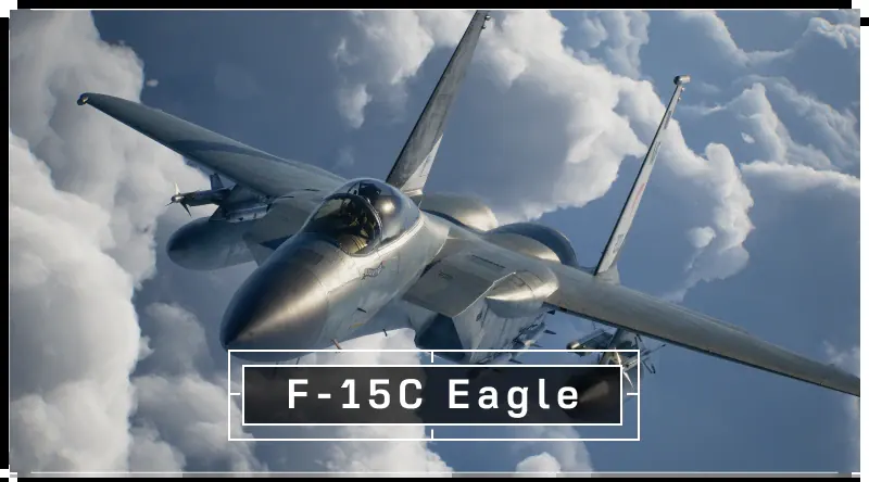 F-15C Eagle fighter jet climbing through a broken cloud layer