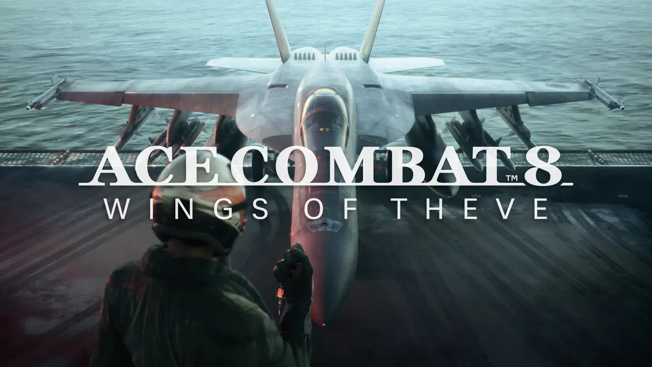 Key art with the ACE COMBAT 8 wordmark over a carrier deck